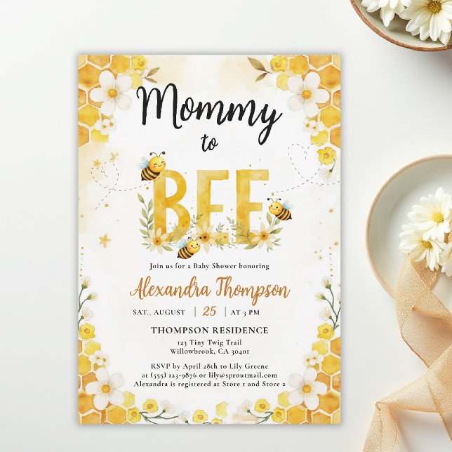 Mamma att bli söt Whimsical Blommig Bebis Shower Inbjudningar (mommy to bee themed baby shower invitation spring summer little honey watercolor whimsical floral)