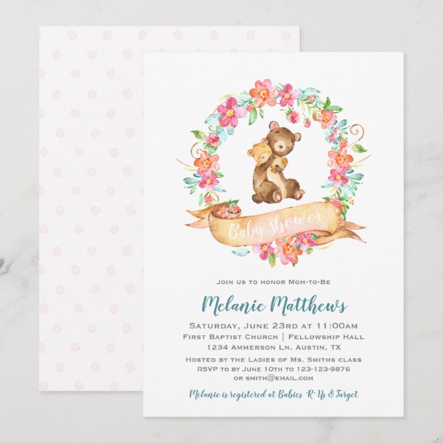 Mamma Baby Bear Watercolor Blommigt Wandeans Baby  Inbjudningar (Fram/baksida)
