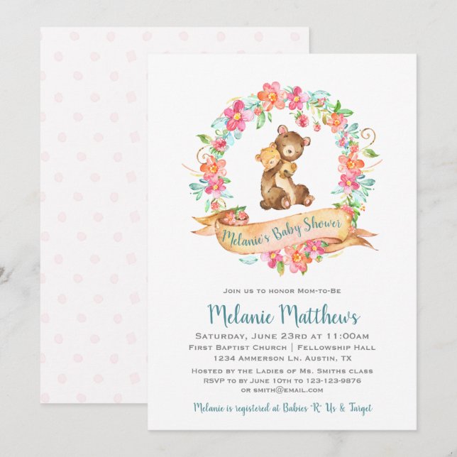 Mamma Baby Bear Watercolor Blommigt Wandeans Baby  Inbjudningar (Fram/baksida)