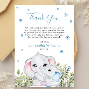 Mamma Baby Elefant Blå Vattenfärg Baby Shower Tack Kort