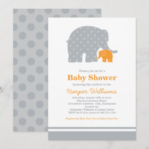 Mamma Baby Elefant Orange Grå Baby Shower Inbjudningar