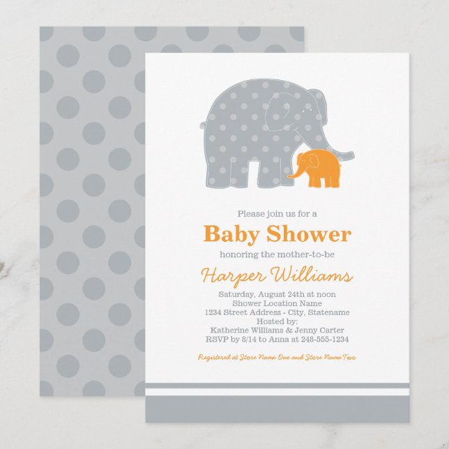 Mamma Baby Elefant Orange Grå Baby Shower Inbjudningar (Fram/baksida)