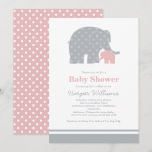 Mamma Baby Elefant Rosa Grå Babyflicka Shower Inbjudningar
