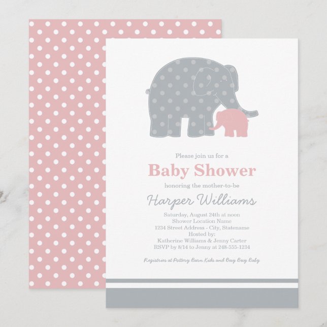 Mamma Baby Elefant Rosa Grå Babyflicka Shower Inbjudningar (Fram/baksida)