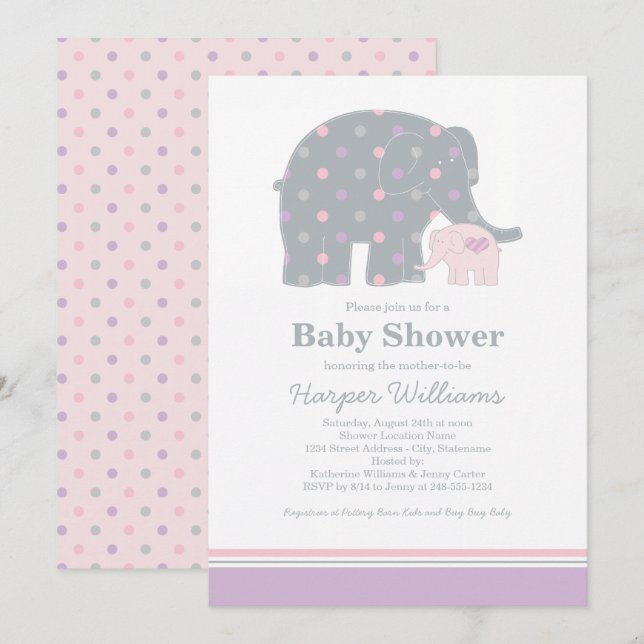 Mamma Baby Elefant Rosa Lila Flick Shower Inbjudningar (Fram/baksida)