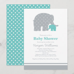 Mamma Baby Elefant Tealgrå Babyfest Inbjudningar