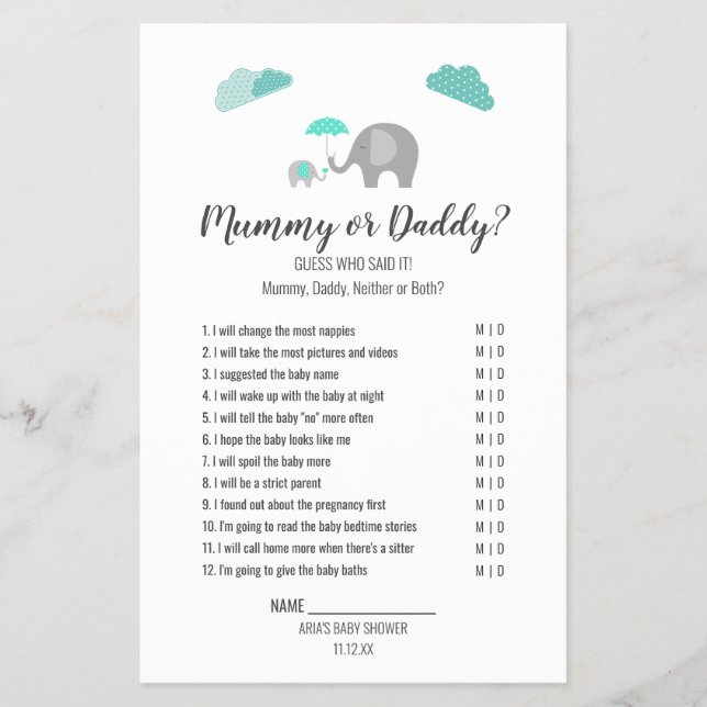 Mamma Baby Elephant med Clouds Mummy/pappa Game Flygblad (Framsidan)