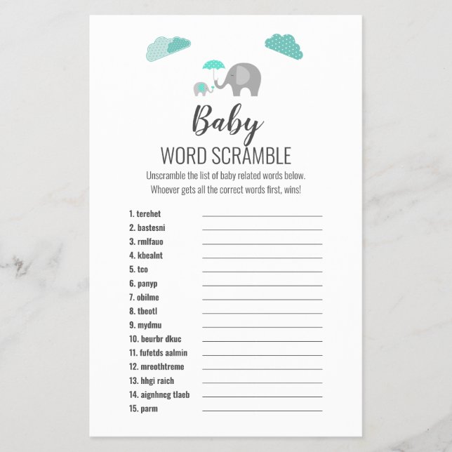 Mamma Baby Elephant med Clouds UK Ord Scramble Flygblad (Framsidan)