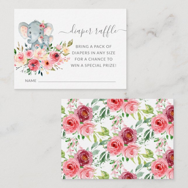 Mamma & Baby Elephant Shower Diaper Raffle Biljett Tilläggskort (Fram/baksida)