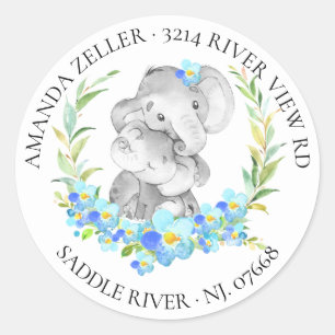 Mamma & Baby Elephant Shower Return-adressetikett Runt Klistermärke