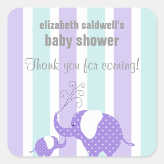 Mamma & Baby Elephant Tack Favor Sticker-Lila Fyrkantigt Klistermärke