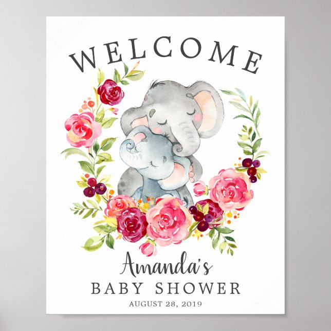Mamma & Baby Elephant Welcome Baby Shower Poster (Framsidan)