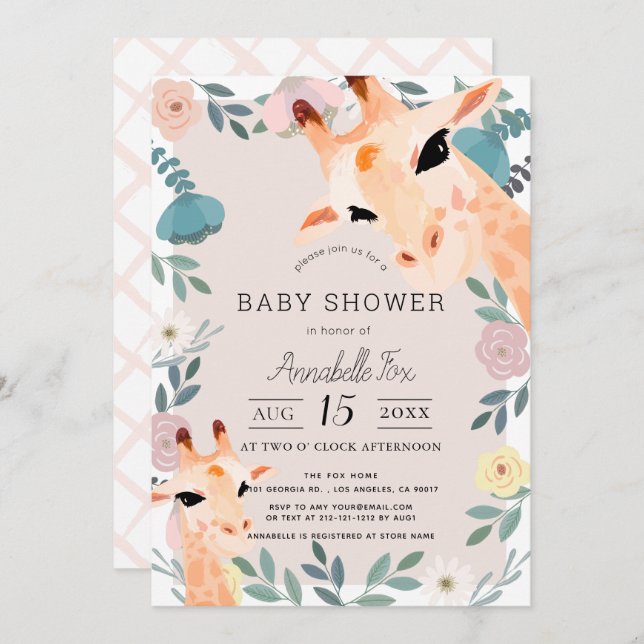 Mamma & Baby Giraffe Rosa Blommigt Baby Shower Inbjudningar (Fram/baksida)