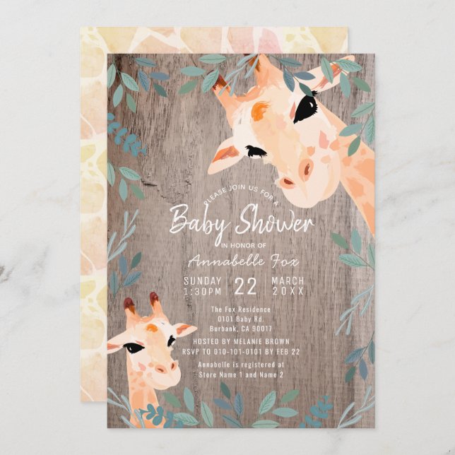 Mamma & Baby Giraffe Rustic Wood Baby Shower Inbjudningar (Fram/baksida)