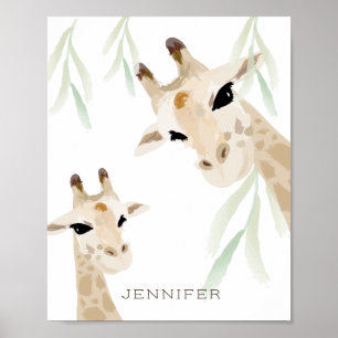 Mamma & Baby Giraffe Watercolor Nursery Art Poster
