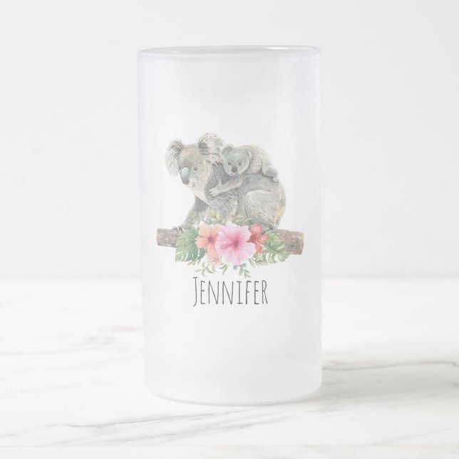 Mamma & Baby Koala Bears Cute Watercolor Frostat Ölglas (Center)