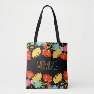 Mamma Bag-färgblommor Ram på svart Tygkasse