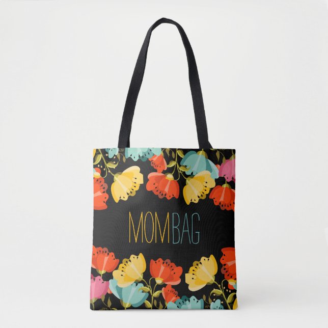 Mamma Bag-färgblommor Ram på svart Tygkasse (Framsida)