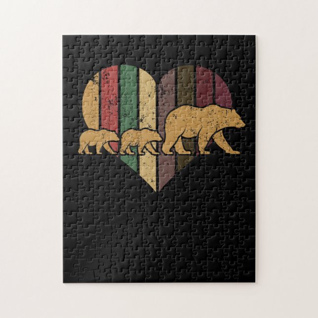Mamma Bär två Unge Retro Heart Mors dag Gift Pussel (Vertikal)