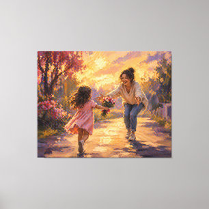Mamma Barn Springande Med Blommor Canvas Konst