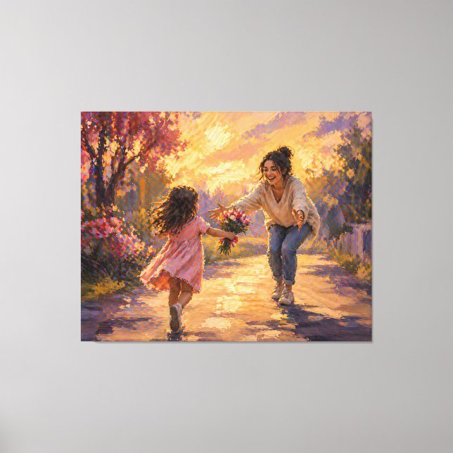 Mamma Barn Springande Med Blommor Canvas Konst (Framsida)