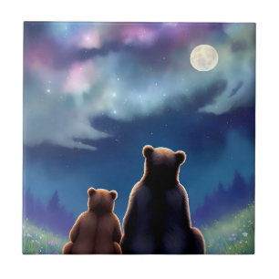 Mamma Bear & Baby Unge Bears på natten Kakelplatta
