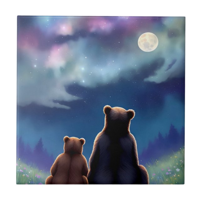 Mamma Bear & Baby Unge Bears på natten Kakelplatta (Framsidan)