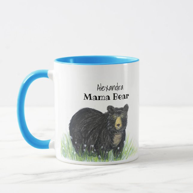 ~ Mamma Bear ~ Black Bear Blue Trim Mugg (Vänster)
