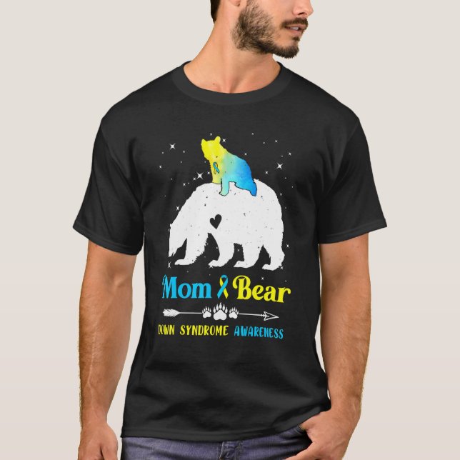 Mamma Bear Down Syndrome Awareness Blue Gult Ribbo T Shirt (Framsida)