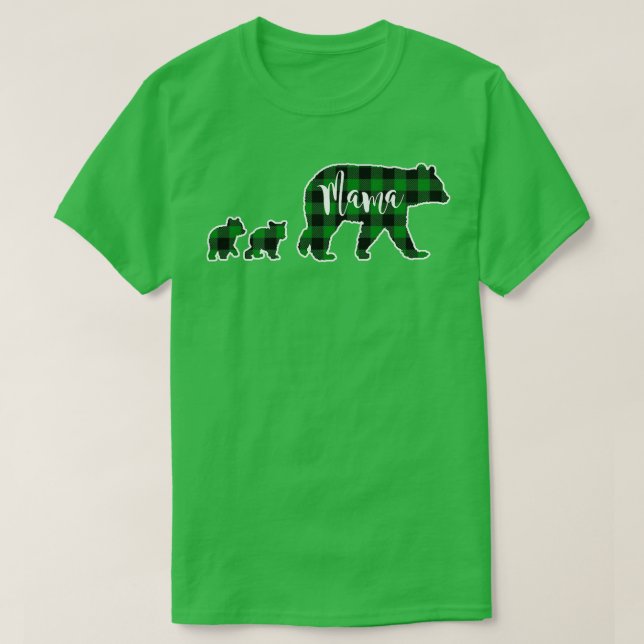 Mamma Bear med två 2 Unge svart Grönt Buffalo Chec T Shirt (Design framsida)