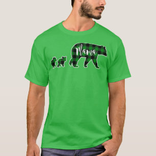 Mamma Bear med två 2 Unge svart Grönt Buffalo Chec T Shirt