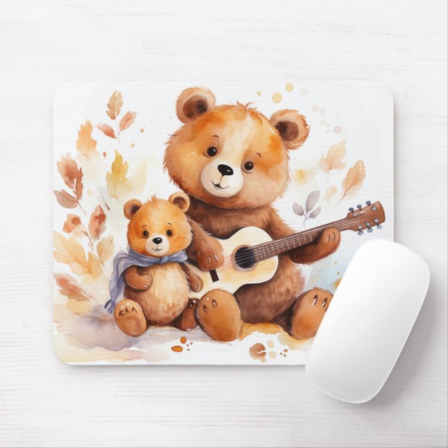 Mamma Bear och Unge med Guitar Musmatta (Med mus)