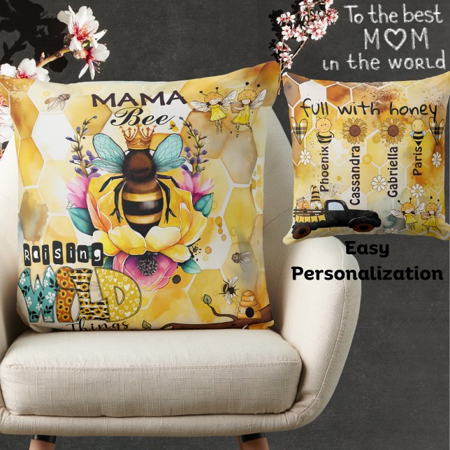 Mamma Bee-Raising Vild Sak-Children's Namn-Queen Kudde (Skapare uppladdad)