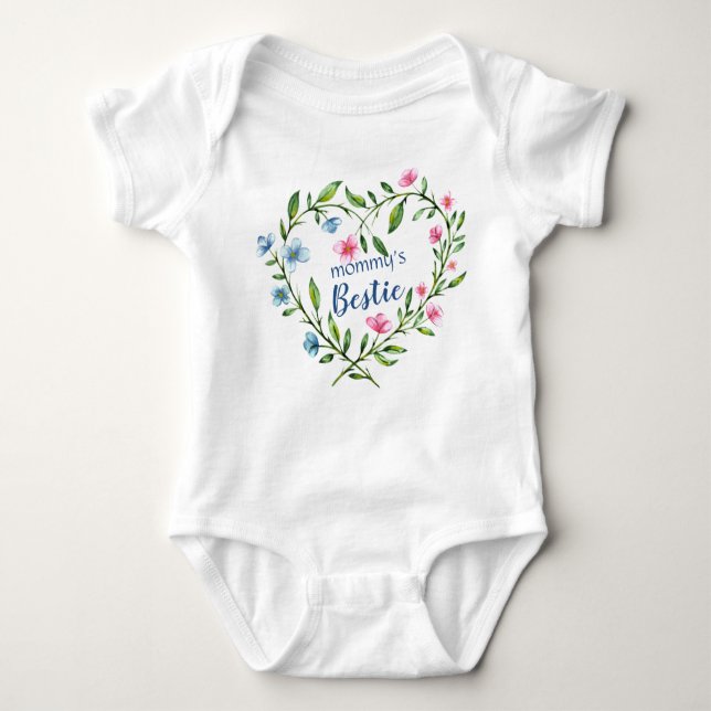 Mamma Bestie - Rosa och Blue Blommigt Heart T Shirt (Framsida)