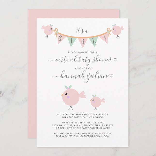 Mamma Bird Chick Rosa Virtuell Flicka Shower Inbjudningar (Fram/baksida)