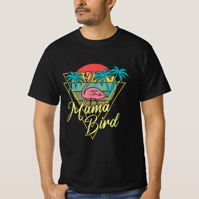 Mamma Bird Flamingo Sunset Handflatan Träd Beach 8 T Shirt (Framsida)