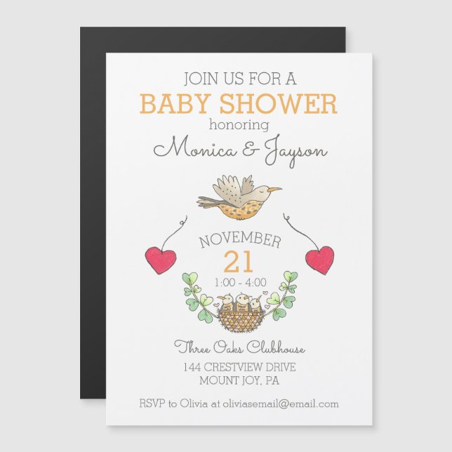Mamma Bird med hearts och Nest Baby Shower Magnetisk Inbjudningskort (Fram/baksida)