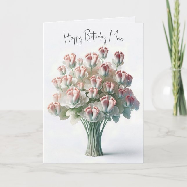 Mamma Birthday Flower Bouquet med Rosa Baby Feet Kort (Framsida)
