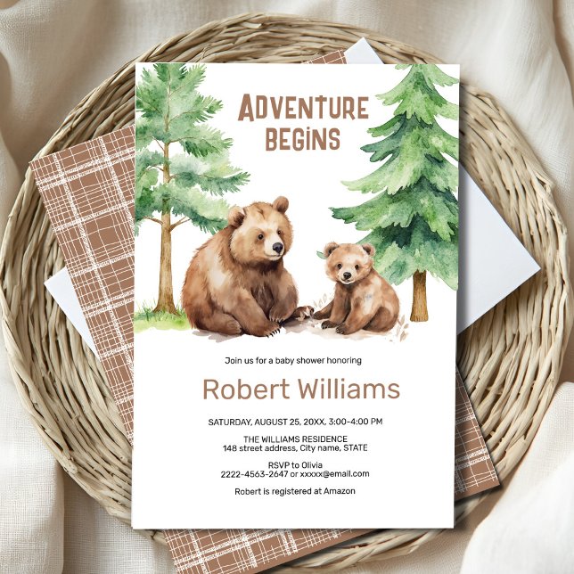 Mamma björn äventyr väntar på inbjudan till babydu (“Adorable Watercolor Mama & Baby Bear Invitation – Perfect for a Woodland Baby Shower!”)
