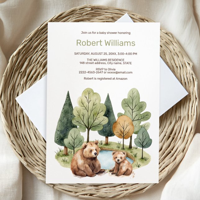 Mamma björn äventyr väntar på inbjudan till babydu (“Adorable Watercolor Mama & Baby Bear Invitation – Perfect for a Woodland Baby Shower!”)