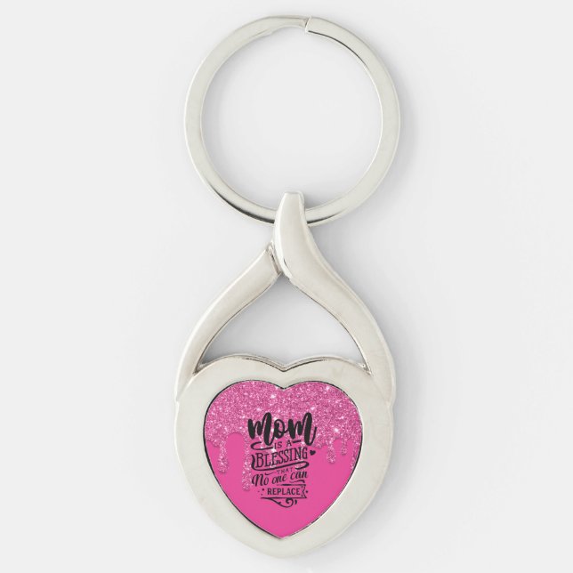 Mamma Blating Quote Rosa Dripping Glitter Twisted Heart Silverfärgad Nyckelring (Framsidan)