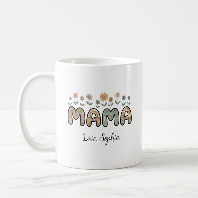 Mamma, blommor Mors dag anpassat namn Kaffemugg (Vänster)