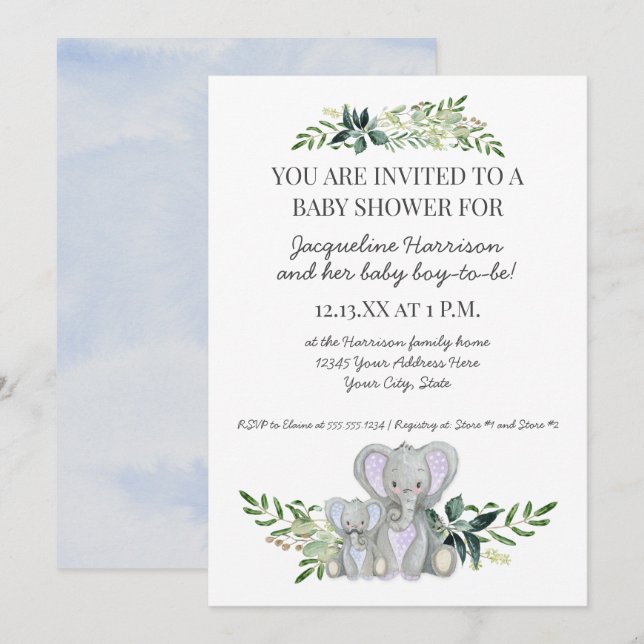 Mamma Boy Baby Elephant Foliage Pastel Blue Shower Inbjudningar (Fram/baksida)