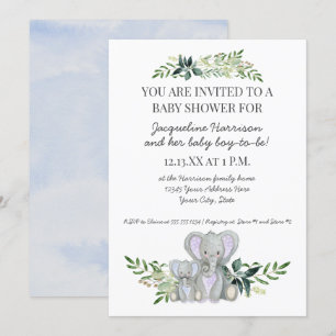 Mamma Boy Baby Elephant Foliage Pastel Blue Shower Inbjudningar