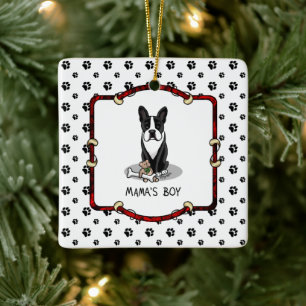 Mamma Boy Boston Terrier (svart) - Cute Hund Julgransprydnad Keramik