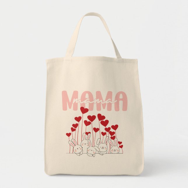 Mamma Bunny Hearts Tote - Cute Mor Day Bag Tygkasse (Framsidan)