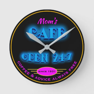 Mamma Cafe Open 24 Hrs Faux Retro Blue Neon - Rund Klocka