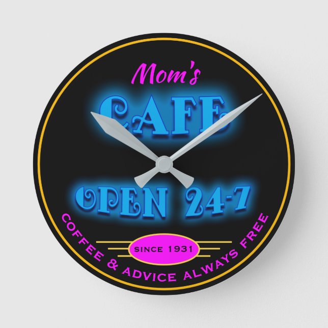 Mamma Cafe Open 24 Hrs Faux Retro Blue Neon - Rund Klocka (Framsida)