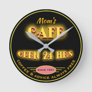 Mamma Cafe Open 24 Hrs Faux Retro Neon - Rund Klocka