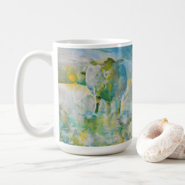 Mamma Cow Land Farm Art Blue Grönt Large Kaffemugg (Med munk)